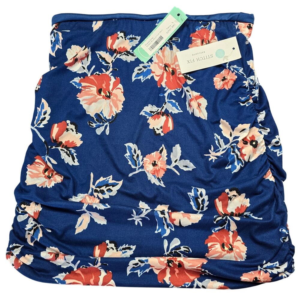 French Grey Blue Mini Skirt NEW Stretch Preppy Floral Tube Gathers Womens Size S